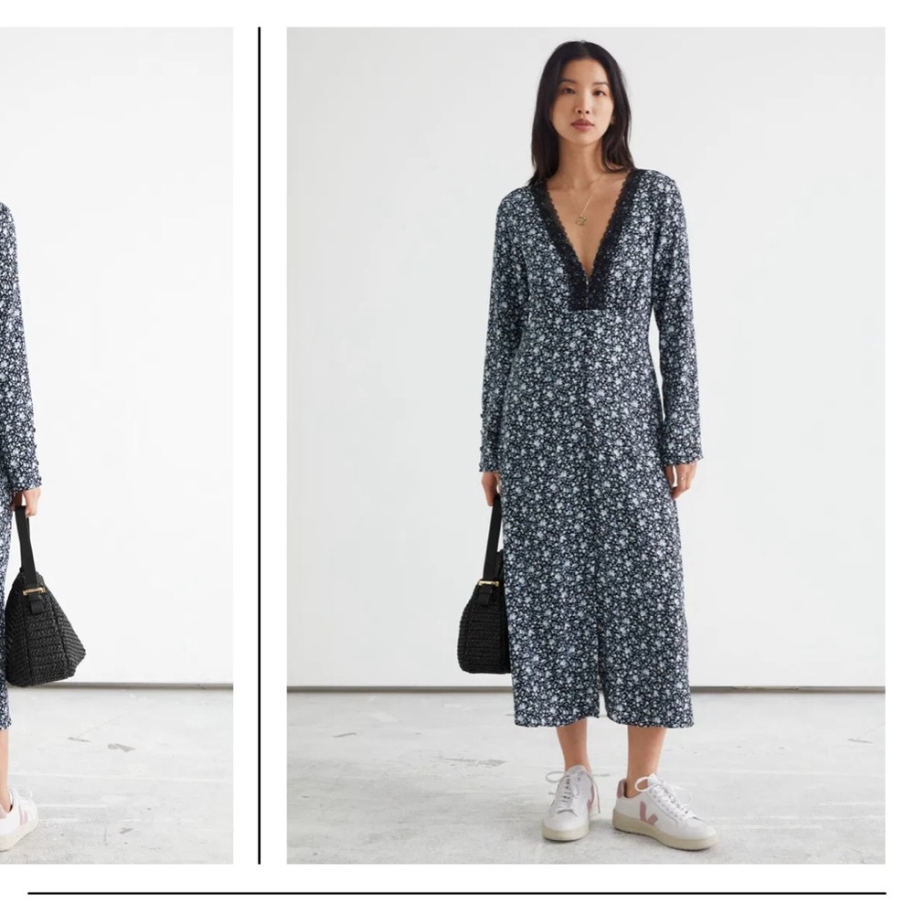 & Other Stories Buttoned Floral Print Lace Midi Dress